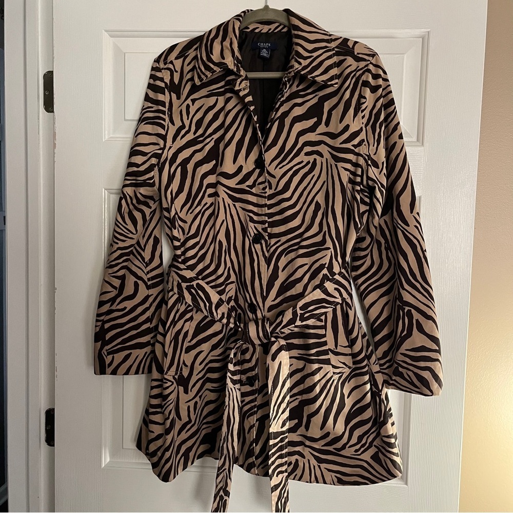 Vintage Chaps Black Tan Animal Zebra Print Trench Coat - Picture 10 of 14